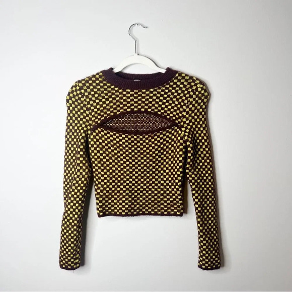 Zara Burgundy Yellow Checker Print Cut Out Sweater - Picture 3 of 8